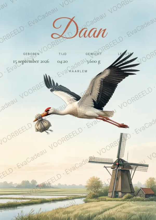 Ooievaar boven de polder